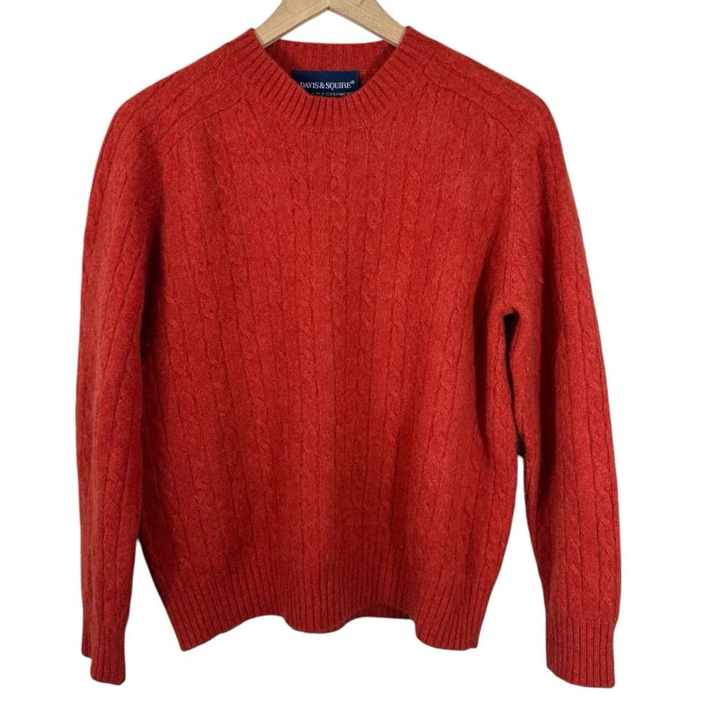 Davis & Squire 2 Ply Cable Cashmere Orange Mens Sweater Size Medium - Picture 1 of 7